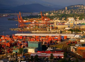 Vancouver harbour, showing container cranes and grain export terminal