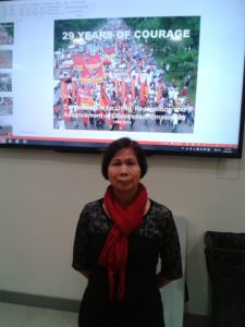 Rosalinda Nartates, Secretary General of Confenderation for the Unity, Recognition, and Advancement of Government Employees (COURAGE) Philippines, speaks March 11, 2015, at a Lunch and Learn organized by Canadian Union of Public Employees Local 4600. 