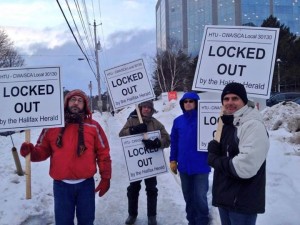 Pressroom workers walking a picket line outside Halifax's major daily newspaper the Chronicle Herald. #boycott the Herald online and in print until these workers get a fair deal. Photo by Suzanne MacNeil.