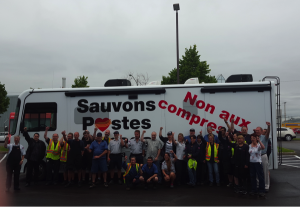 CUPW members in Quebec City with the Save Canada Post bus