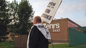 Grocery store workers on strike in Ontario's Essex, Lambton and Kent counties this past July.