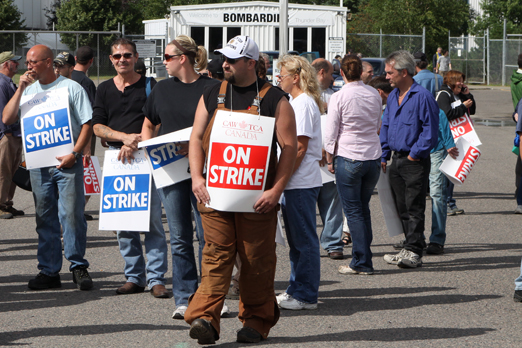Bombardier strike in Thunder Bay in 2011. Strikes against Bombardier's concessionary bargaining stance also took place in La Pocatiere in 2012 and in Thunder Bay once more in 2014.