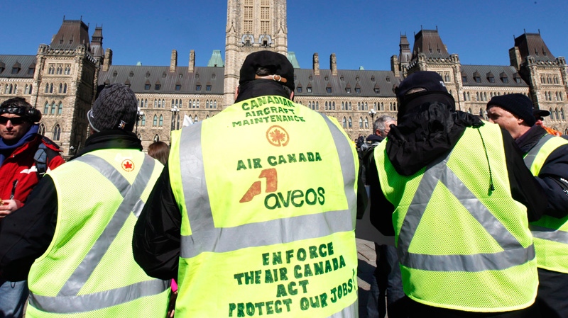 Aveos workers on Parliament Hill protesting the 2012 closure and outsourcing of Air Canada maintenance operations in Winnipeg, Mississauga and Montreal - in violation of Air Canada's privatization legislation.