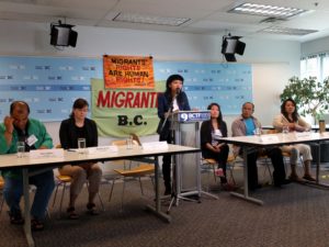 Migrant justice advocates speak at a press conference May 31, 2016, in Vancouver, BC. 